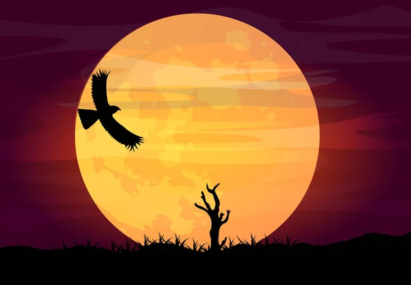 在大月亮的背景上 鹰的轮廓 美丽的风景 可用于旅游或狩猎横幅 招贴画设计 桌面设计 矢量说明 — 图库矢量图片