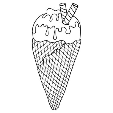 Beyaz arka planda izole edilmiş dondurmalı waffle külahı çizilmiş güzel bir vektör el. Etiketler, ambalajlar ve kartlar için tasarım ögesi.