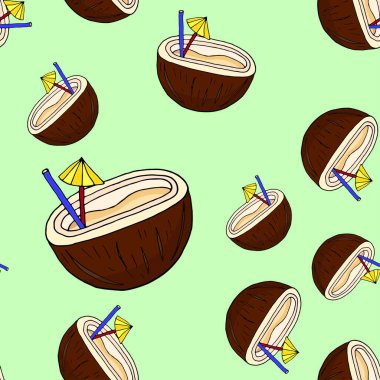 Çizgi filmlerdeki gibi çizilmiş hindistancevizi kokteyli tropikal izler. Vektör kusursuz illüstrasyon.