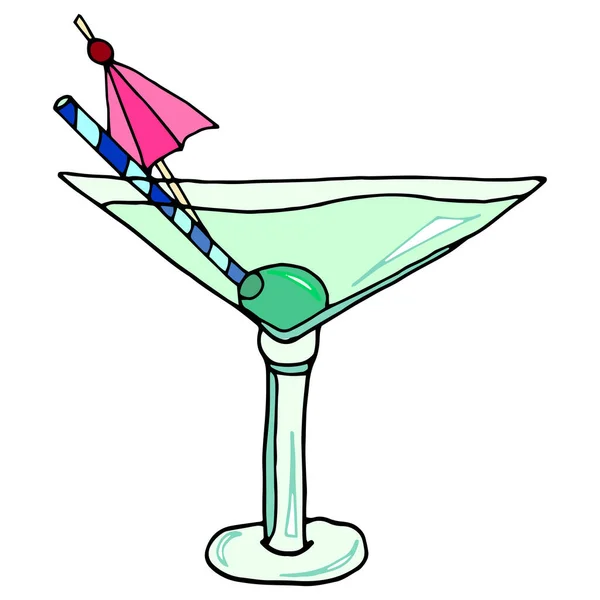 Martini Met Olijf Glas Met Hand Getekend Inkt Schets Geïsoleerd — Stockvector