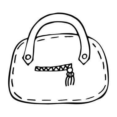 El çizimi kadın çantası, kadın çantası şık moda vektör çizimi siyah beyaz çizgi üzerinde. Yazdırma, poster, dekorasyon için tasarım.