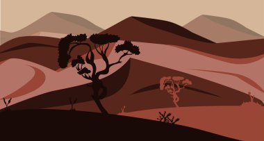 Dağları ve ormanı olan minimalist bir manzara. Seyahat, afiş, poster tasarımı ve masaüstü için kullanılabilir.