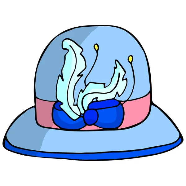 Sombrero Azul Con Lazo Plumas Accesorios Mujer Ilustración Vectorial Dibujada — Vector de stock