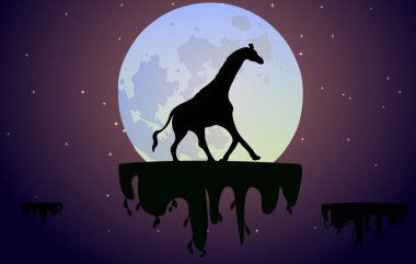 Gece gökyüzünde yıldızlarla yükselen adalarda vektör çizimi. Büyük ayın arka planında zürafa. Seyahat, afiş, poster tasarımı, masaüstü için kullanılabilir..