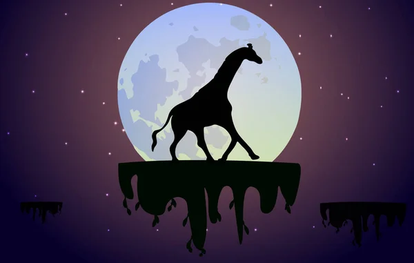 Vector Illustration Soaring Islands Night Sky Stars Giraffe Background Big — Stock Vector