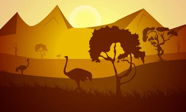 Silueta Afričtí Pštrosi Ptáci Savaně Trávě Stromy Pozadí Západu Slunce — Stockový vektor
