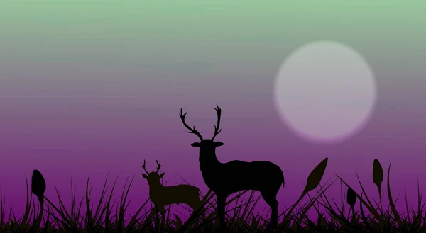 Silhouette Von Tieren Zwei Hirsche Stehen Auf Einem Hügel Mit — Stockvektor