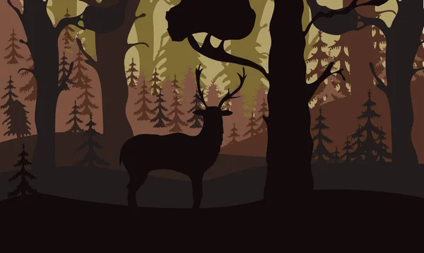 Silhouette Cervo Nella Foresta Tra Gli Alberi Bellissimo Paesaggio Può — Vettoriale Stock