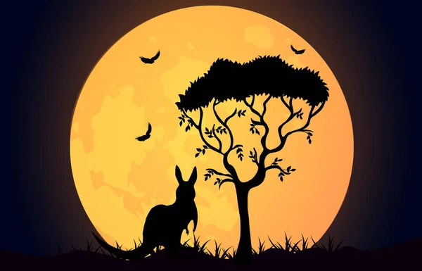 Kangaroo Silhouette Australian Plains Acacia Tree Kangaroo Birds Background Moon — Stock Vector