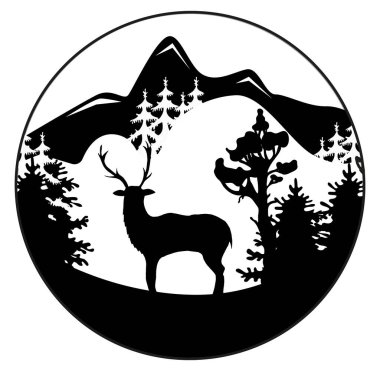 Silhouette of a wild deer with horns on the side of a mountain and forest. Black and white landscape of forest and wild animals. Vector illustration perfect for invitations, cards, logo design. vector