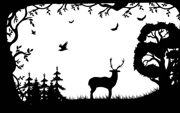 森の中には鹿や鳥のシルエット 森と野生動物の黒と白の風景の葉のフレームにあります ポスター ロゴデザインに最適なベクターイラスト — ストックベクタ