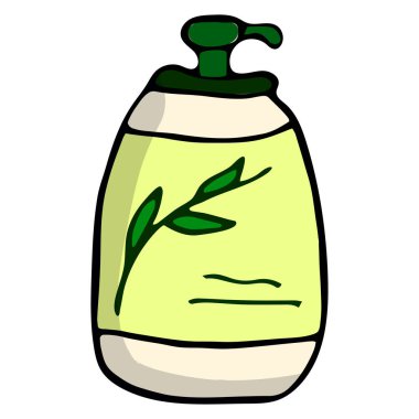 Elle çizilmiş plastik şişeler sıvı sabun ya da krem için. Beyaz arkaplanda çizgi film stili vektör hijyeni ögesi.