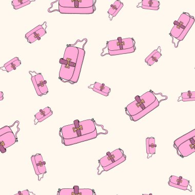 Kusursuz desenli, kadın eli çizilmiş çanta. Şık ve göz alıcı pembe debriyajlı bir fiyonk. Baskı, poster ve tasarım için tasarım. Beyaz arkaplanda elle çizilmiş ve izole edilmiş vektör illüstrasyonu.