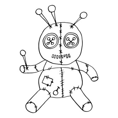 Vudu bebeği eli çizilmiş. Beyaz arkaplanda karalama tarzında vektör illüstrasyonu izole edildi. Dövme, tasarım, boyama, tişört, marka logosu, rozet, tişört, baskı bardakları, kartpostallar için uygun.