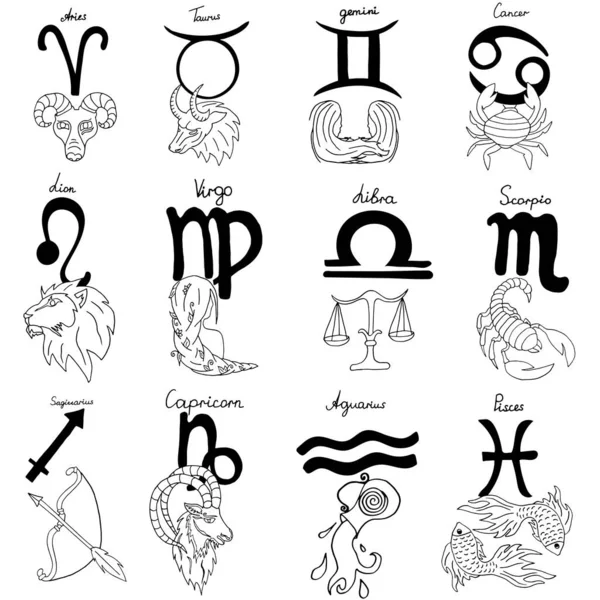 Astrologie Signes Zodiaque Horoscope Avec Inscriptions Convient Pour Tatouage Design — Image vectorielle