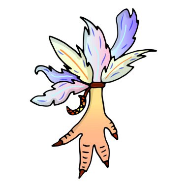 Tüylü bir tavuk bacağının renkli bir tasviri. Malı düşmanlardan korumak için tüylü bir tılsım. Dövme, tasarım, tişört, marka logosu, rozet, basılı bardak, kartlar için elverişli.