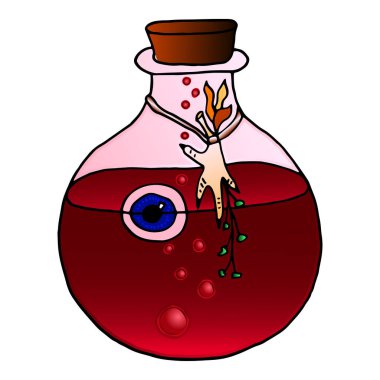 Sihirli iksirli renkli bir şişe. Göz kırmızı sıvı ve tavuk ayağı içinde yüzer. Gotik stil vektör çizimi beyaza izole edildi. Dövme tasarımı, kullanmanız için sihirli sembol.