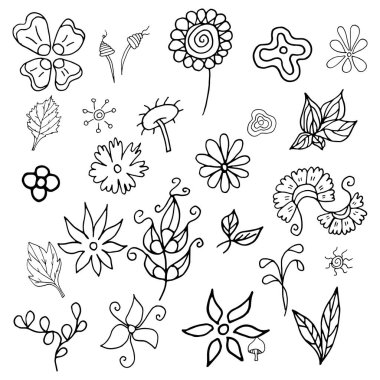 Dekoratif çiçek seti. Beyaz arkaplanda izole edilmiş el yapımı vektör çizimi. Rozet, logo, çıkartma, baskı için uygun.