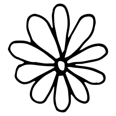 Çiçek çizimi. Beyaz arkaplanda el yapımı karalama çizimi izole edildi. Rozet, logo, çıkartma, baskı için vektör illüstrasyonu.