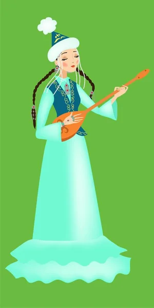 カザフスタンの女の子の完全な成長で青い民族衣装でドンブラを再生します ベクトル — ストックベクタ