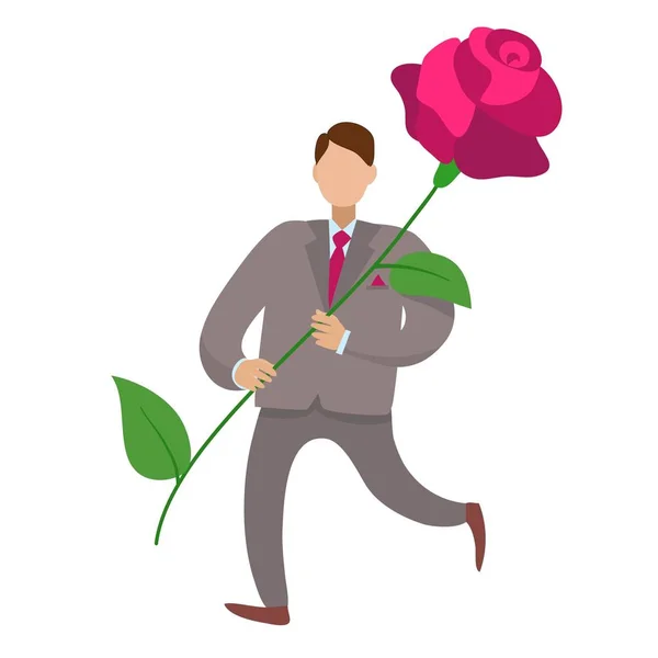 Elinde kocaman bir gül çiçeğiyle ofis elbisesi giymiş bir adam. 8 Mart. Düz biçim.