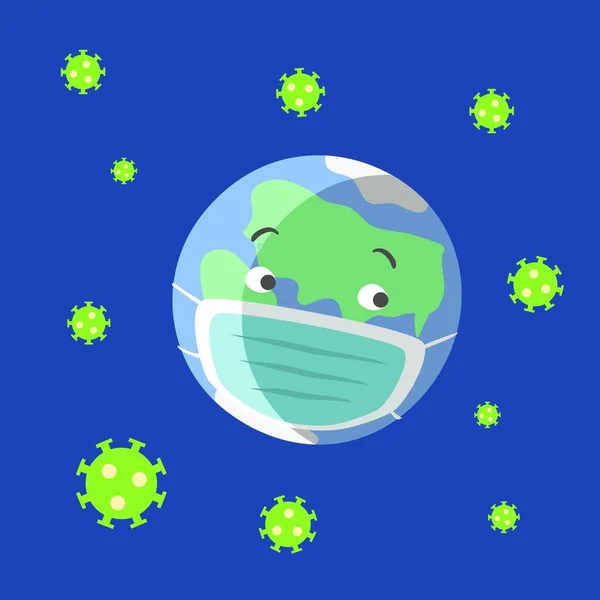 Maske takmış antropomorfik gezegen Dünya. Coronavirus. Vektör.