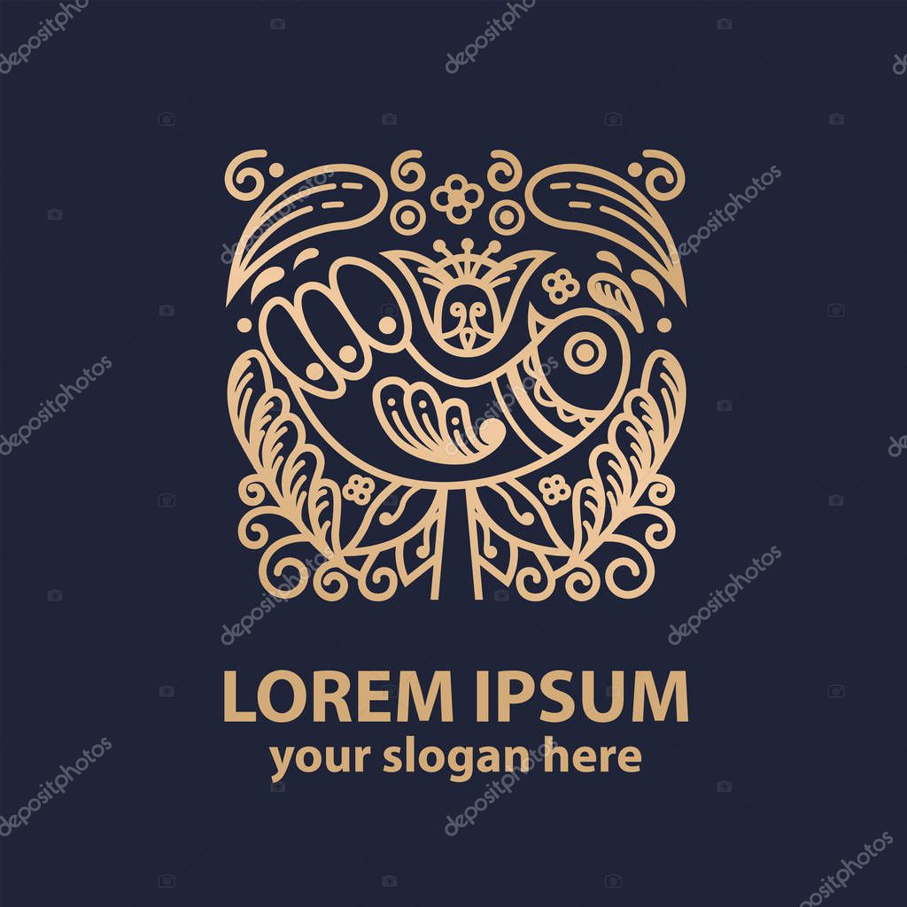 Bird logo design template. Flower ornament. Monogram. Vector graphics. Ethnic bird.