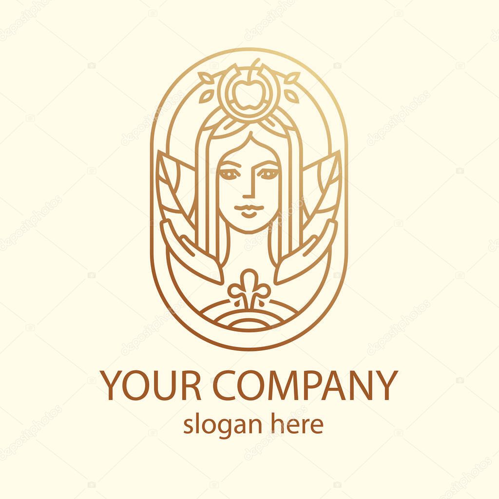 Vector apple wine logo. Apple Cider logo. Logo woman. Portrait of a woman. Goddess logo.