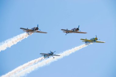Bükreş / Romanya - Aeronautic Show - 21 Eylül 2019: Three Yak-52tw ve Jurgis Kairys 'den Sukhoi Su-31 birlikte gösteri yaptılar