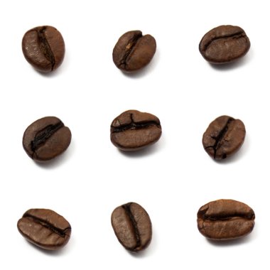Beyaz arka planda izole kahve çekirdekleri çeşitlerinin makrofotoğrafçılığı