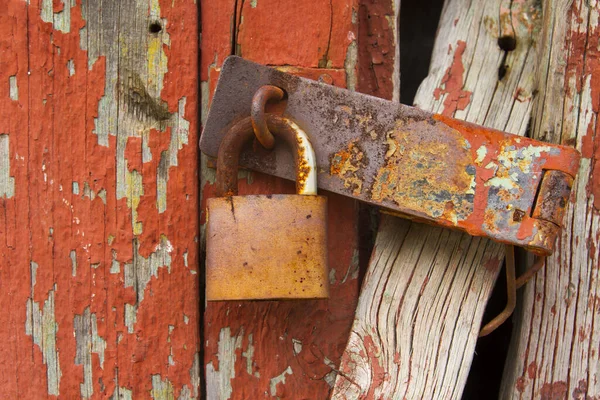 Old Red Wooden Wall Peeling Texture Corroded Padlock Stock Photo