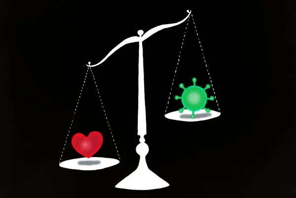 old balance scale silhouette on black background .love vs coronavirus