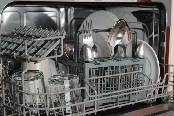 Dishwasher close-up, clean dishes after washing — Stock Photo, Image