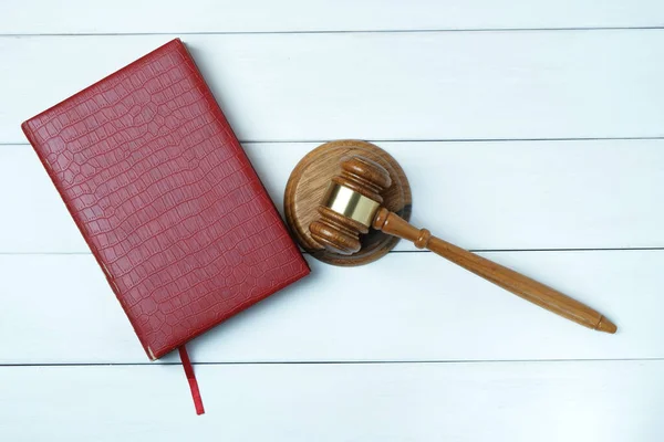 Judges Gavel Red Diary White Wooden Background Place Adding Text — Stock Photo, Image