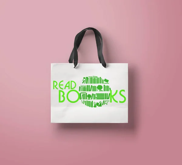 Logo and illustration for a bookstore. Pink background with purchases. Book sale. Selling things. Black handles at the package.