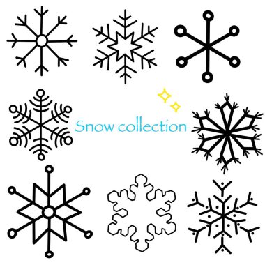 Illustrations of snowflakes 8 pieces black and white. Colorful leaves for collection.  Handmade sketch with petals and bouquets of daisies. Drawing of different trees: oak, maple, willow, cedar, viburnum, mountain ash, magnolia, palm, cherry, walnut,