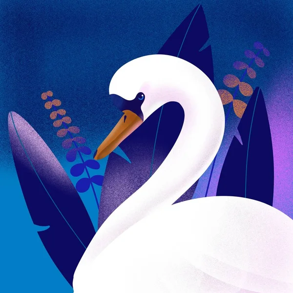 Swan, white swan, in the bushes, animal in the bushes, leaves and leaves. Illustration on a blue background, freehand drawing, bird drawing, picture with a swan.