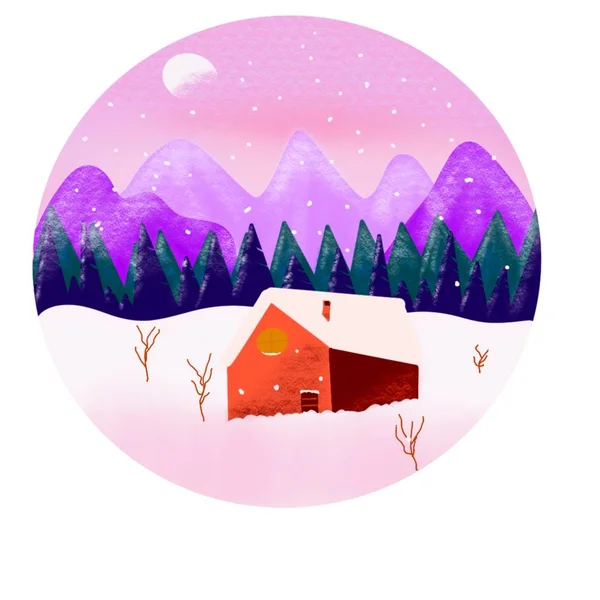 Winter landscape, house in snow, nature drawing, joyful emotions, red house, snow roof, mountains and trees in snow, snowfall, pink background, branches without leaves, bare trees, green firs, mountain landscape, chimney, chimney, round picture.