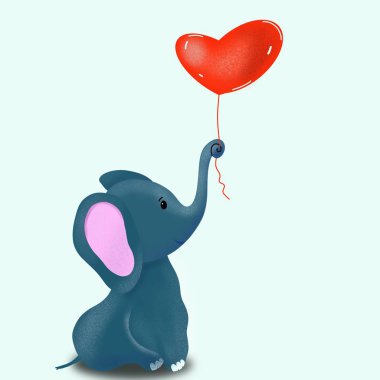 Elephant with a ball. Wild animal is sitting. The baby elephant is holding a ball. Red ball with glitter. Wildlife illustration. A romantic gift for a girl. Postcard to the day of lovers. Picture for a gift to your beloved.