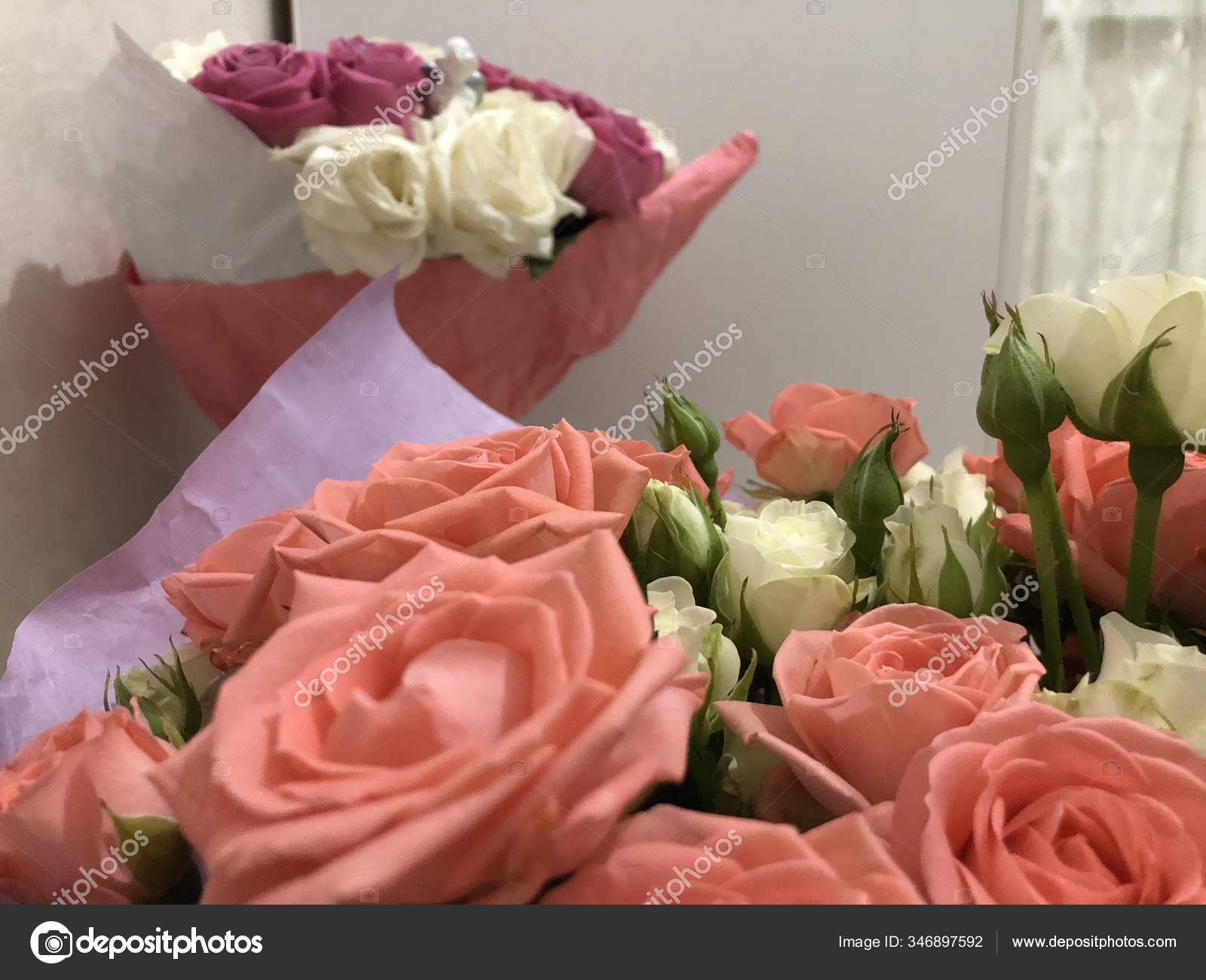 Bouquet Roses Pink White Flowers Spring Bouquet Gift Your Girlfriend Stock Photo Image By C Createsabi 346897592