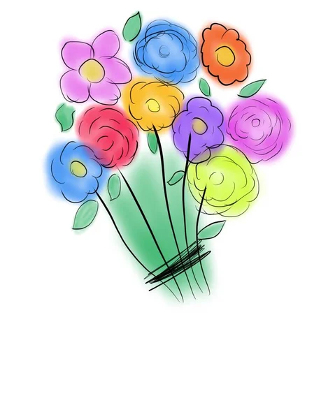 3月の休日 春の喜び 3月8日 ハッピーイベント 美しい花束だ 贈り物のために絵を描く 絵の中の植物 茎や花弁 女性の日 愛する人への驚き — ストック写真