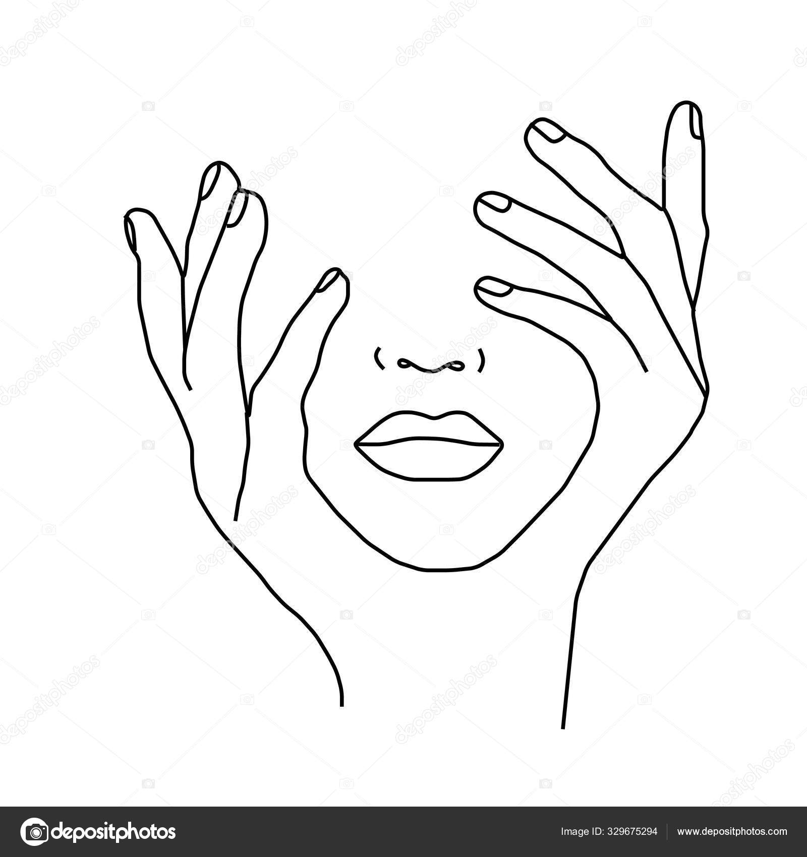 Beautiful woman's face with closed eyes by hands on white background.  Vector. Stock Illustration by ©naaskrv@gmail.com #329675294, image size:1600x1700
