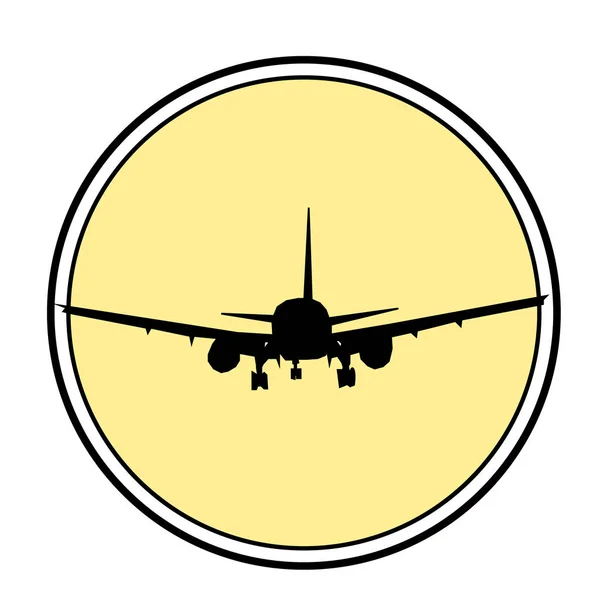 Flygplan silhuett, flygande maskin gul och svart, plan främre vy, kontur skiss, fordon emblem, transport isolerad på gul bakgrund. Vektorillustration — Stockfoto