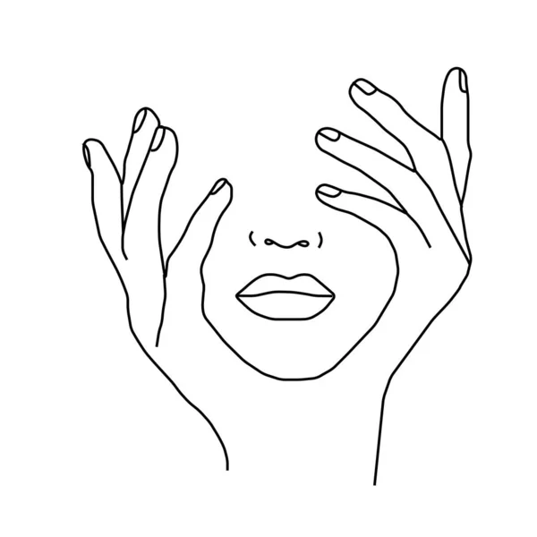 Beautiful woman's face with closed eyes by hands on white background. Vector. — 스톡 사진