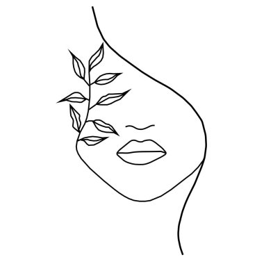 Doğa vektör çizgisi olan kadın. Çizgi çizimi. Moda baskı logosu. Doğal kozmetik logosu.