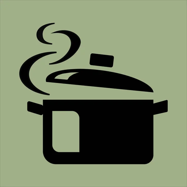 Vařící voda v pánvi. Černý hrnec s párou. ikona na zeleném pozadí. Vektorová ilustrace — Stock fotografie