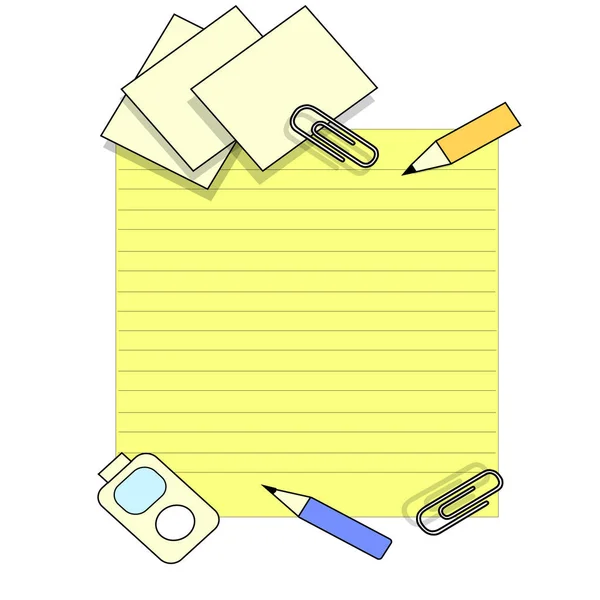 Żółte notatki papieru z uwagami Scholl ołówki i sprzęt — Zdjęcie stockowe