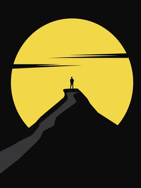 big yellow sunset over the mountain with silhouette of the man .vector nature illustration, landscape