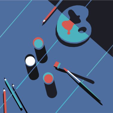 Farklı fırçalar ve boyalarla sanatçı paleti. Vektör illüstrasyon düz tasarım