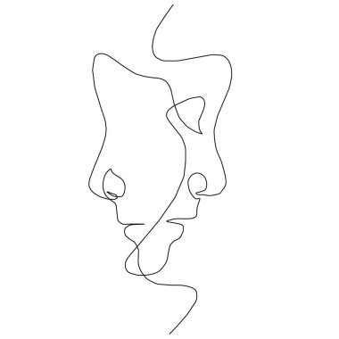 Çift çizgisi. Ben de seni seviyorum. Erkek ve kadın öpüşüyor. Aşk sembolü. Romantik vektör. Bir çift vektör çizgisi. İki yüz. Minimalist baskı. Düğün logosu. Hat logosu. İnsanlar logosu